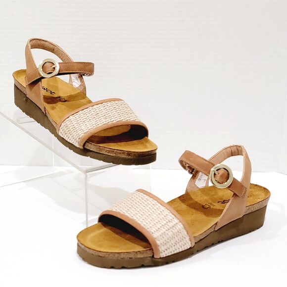 Naot Cecile Sandals Women's 39 Size 8 8.5 Latte Brown Leather Sand Raffia Wedges - Picture 2 of 12